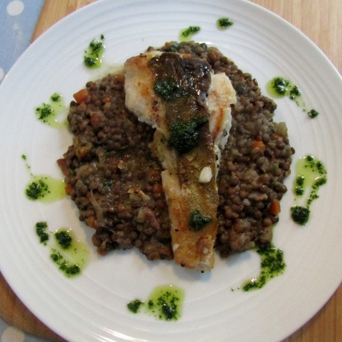Cod with lentils and parsley sauce